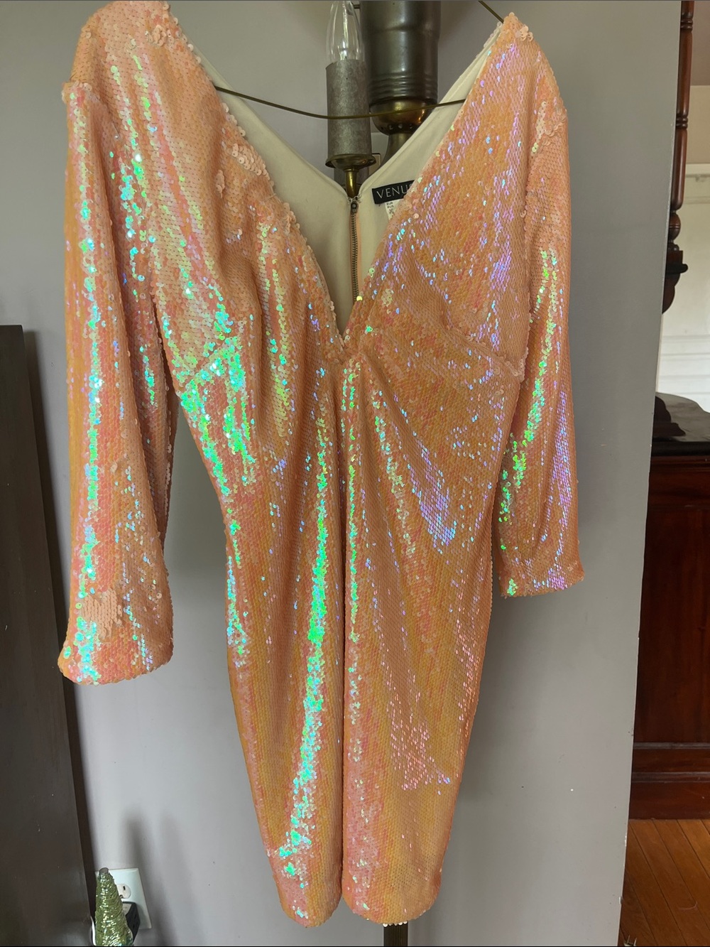 VENUS Peach Iridescent Sequin V-Neck Dress
